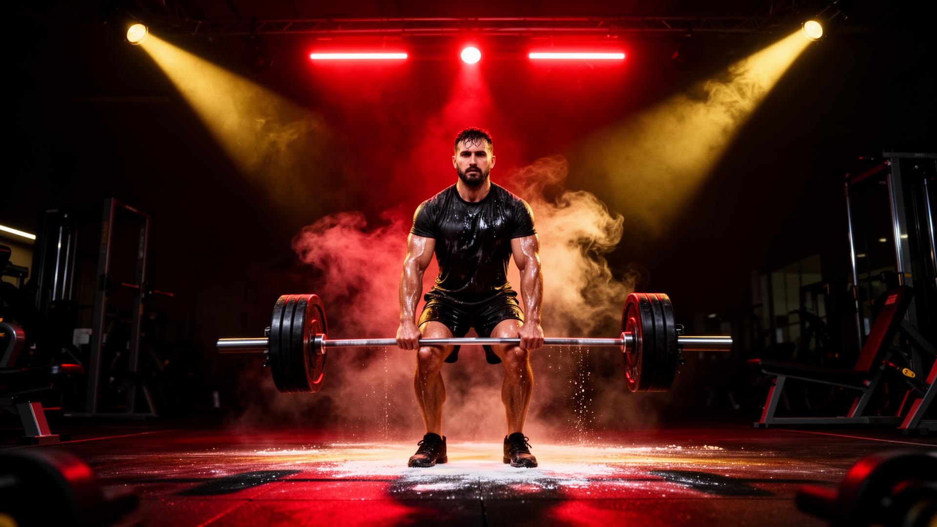 Lifter mid-deadlift on a neon-lit stage